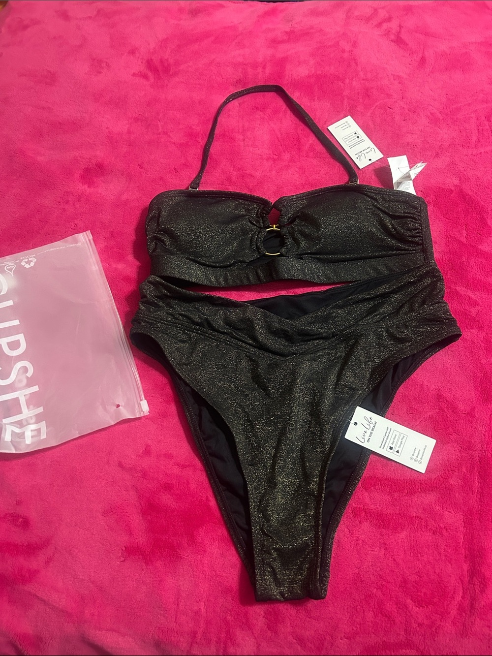Cupshe Black Shimmery High-Waist Bikini Set